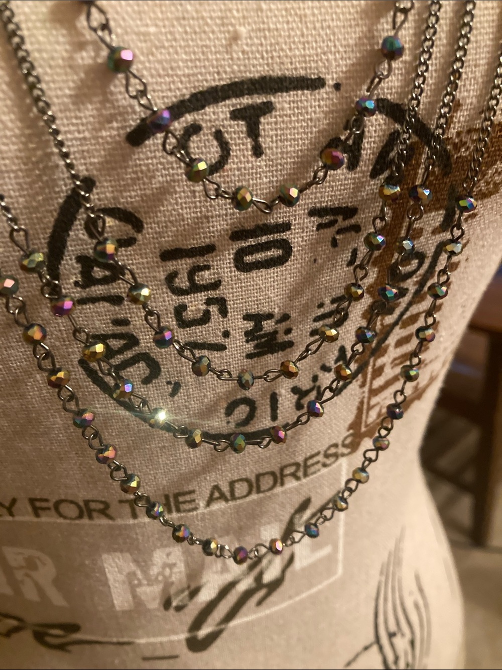 Multi-Strand Gunmetal Tone Chain Necklace with Iridescent Beads NWOT